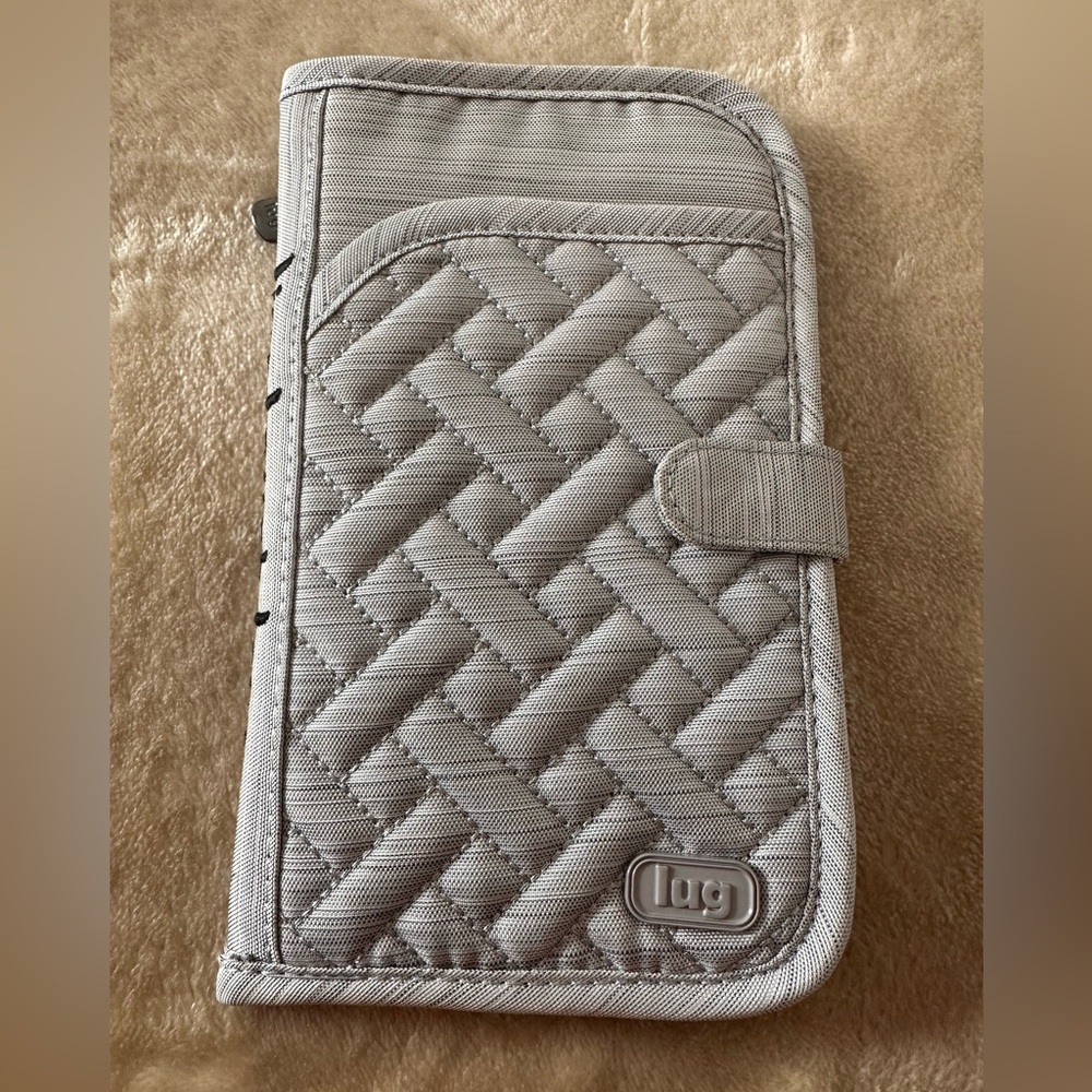 Lug Tandem Snap Wallet In Brushed Silver with Embroidered Love Laugh Love GUC
